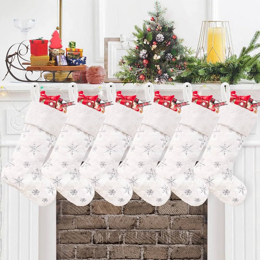 CARAKNOTS Christmas Stockings Set of 6 Faux Fur Christmas Stockings Large White Xmas Stockings for F | Amazon (US)