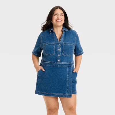 Women's Denim Skortalls - Ava & Viv™ Medium Wash 2X | Target