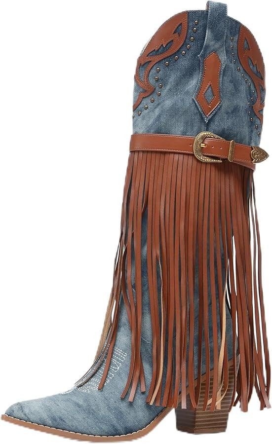NEWBELLA Women's Western Cowboy Boots - Embroidered Fringe Pointed Toe Cowgirl Boots Chunky Heel ... | Amazon (US)