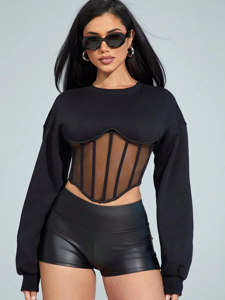 Denimoi Mixed Media Mesh Corset Zip Up Sweatshirt | SHEIN