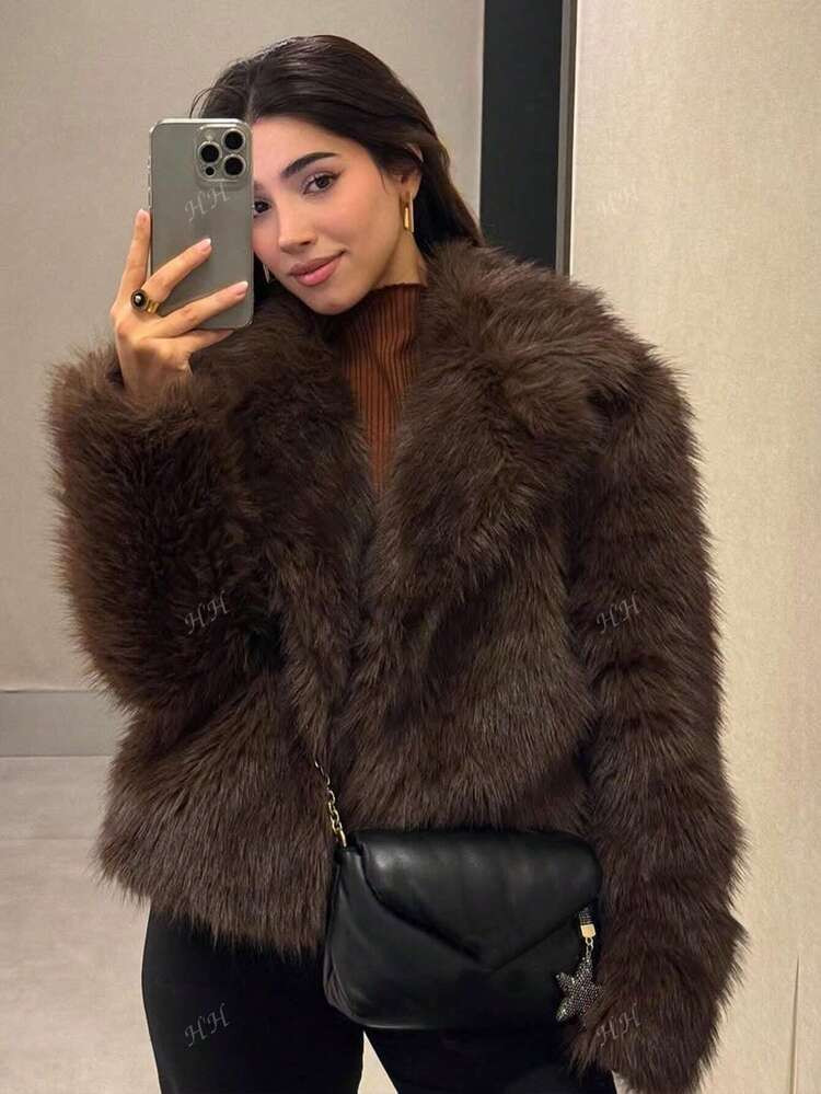 HH Women Winter Elegant Solid Faux Fur Effect Long Sleeve Cardigan Coat Female Casual High Street Pockets Coat | SHEIN