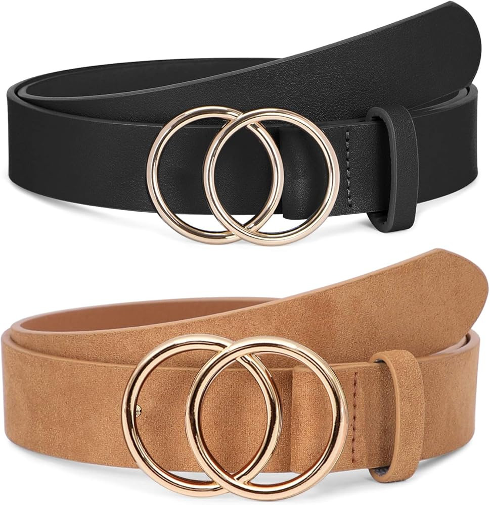 SUOSDEY Women Leather Belt Fashion Double O-Ring Soft Faux Leather Waist Belts For Jeans Dress | Amazon (US)