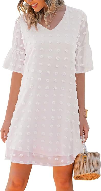 FEXIXV Womens Summer Short Sleeve V Neck Mini Dress Chiffon Swiss Dot Flowy Short Dress | Amazon (US)