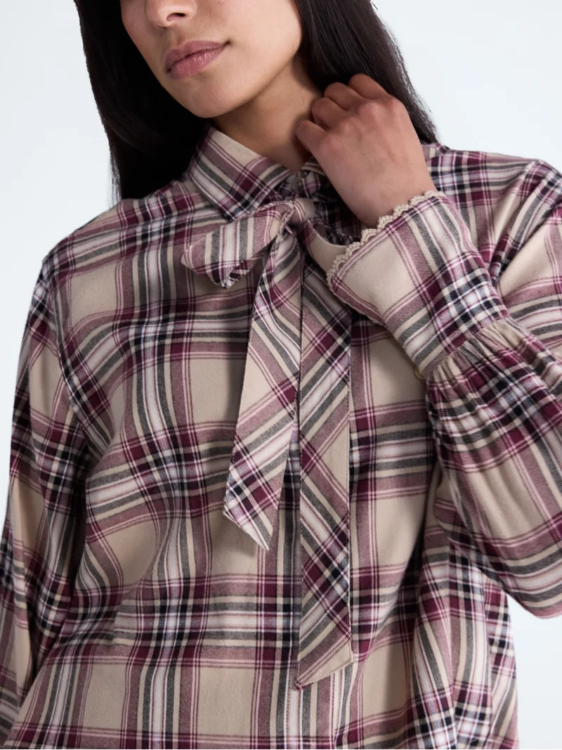 Scoop Women's and Women's Plus Plaid Bow Shirt, Sizes XS-4X | Walmart (US)