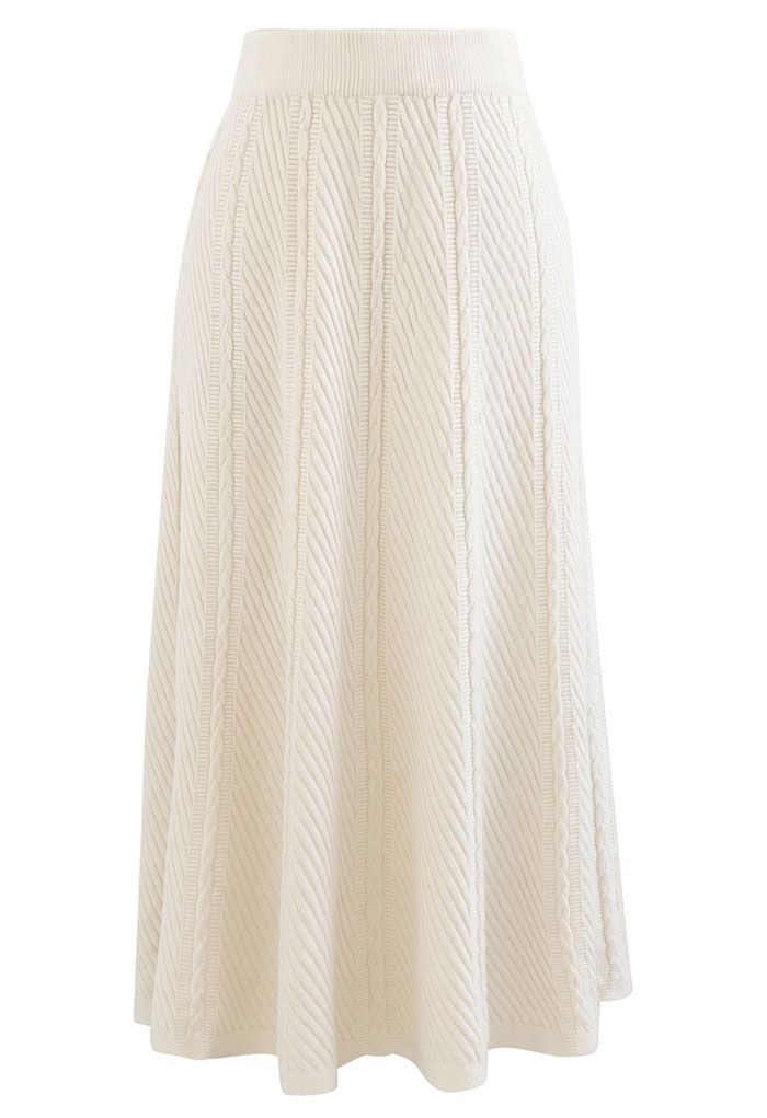 Braid Texture A-Line Knit Midi Skirt in Cream | Chicwish