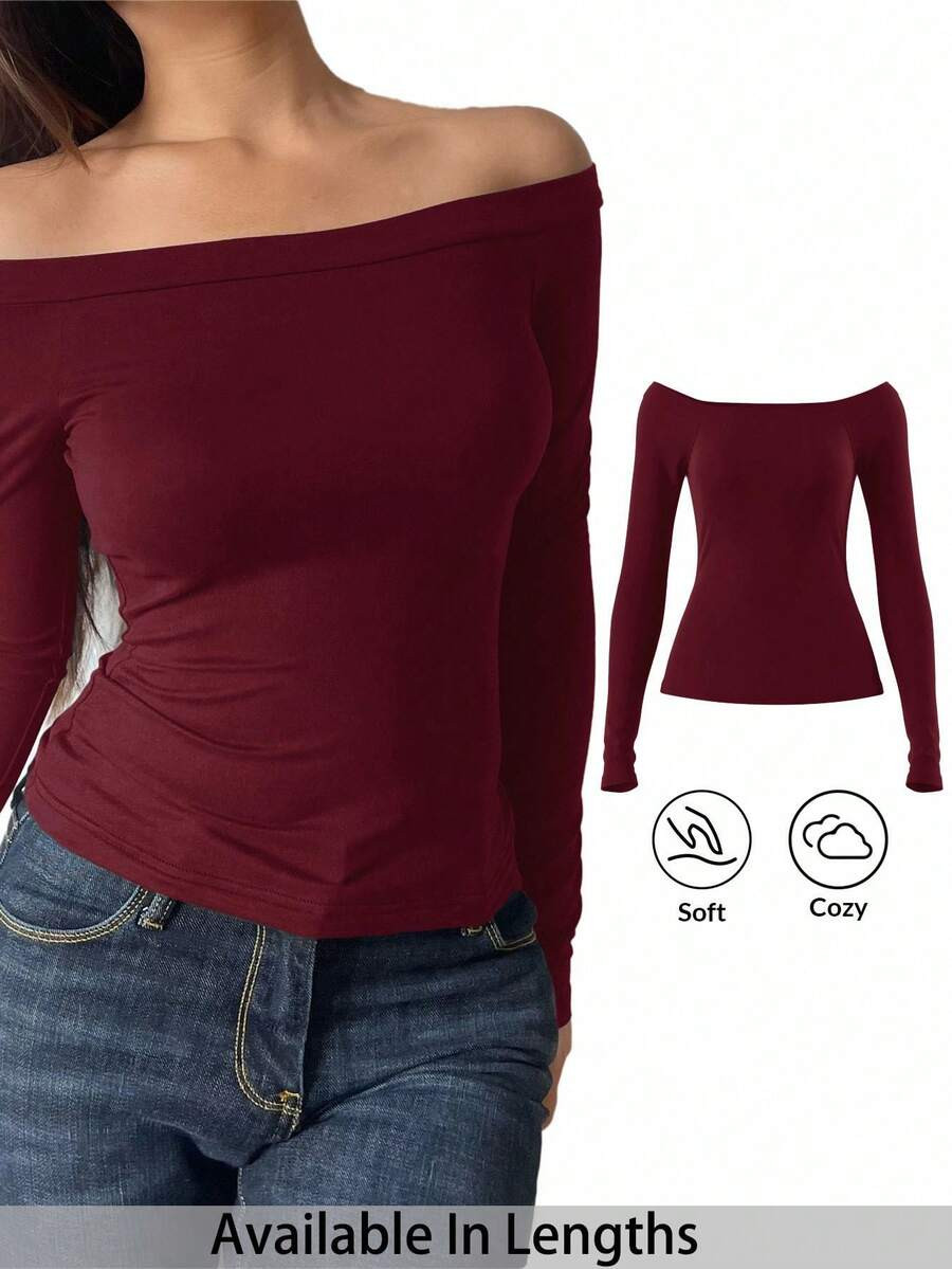 SHEIN Tall CURVE Plus Size Women's Casual Solid Color Off Shoulder Long Sleeve Fitted Blouse Top,... | SHEIN