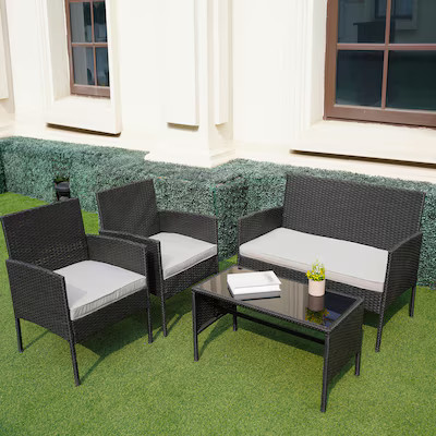 Grearden Conversation Set 4-Piece Rattan Patio Conversation Set with Tan Cushions | Lowe's