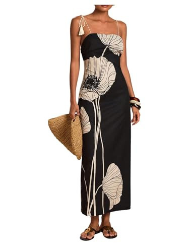 SHENHE Women's Summer Spaghetti Strap Tropical Print Maxi Dress Backless Beach Vacation Sundress Black and White Medium | Amazon (US)