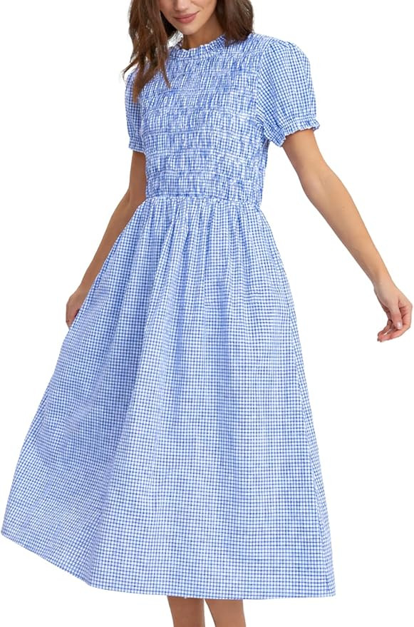 Summer Maxi Dress Women Plaid Smocked Crew Ruffle Neck Long Beach Dress Gingham Flowy A Line Vaca... | Amazon (US)