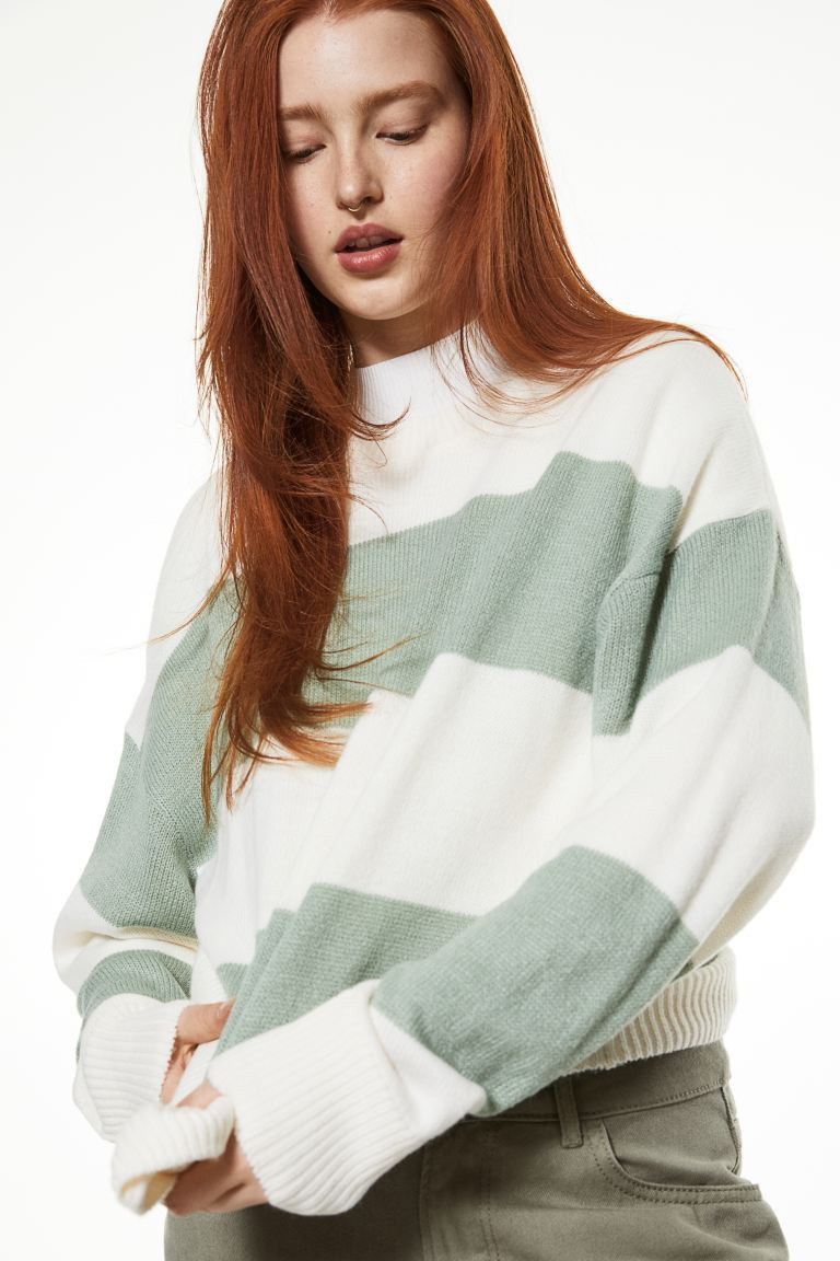 Jacquard-knit Sweater - Navy blue/green striped - Ladies | H&M US | H&M (US + CA)