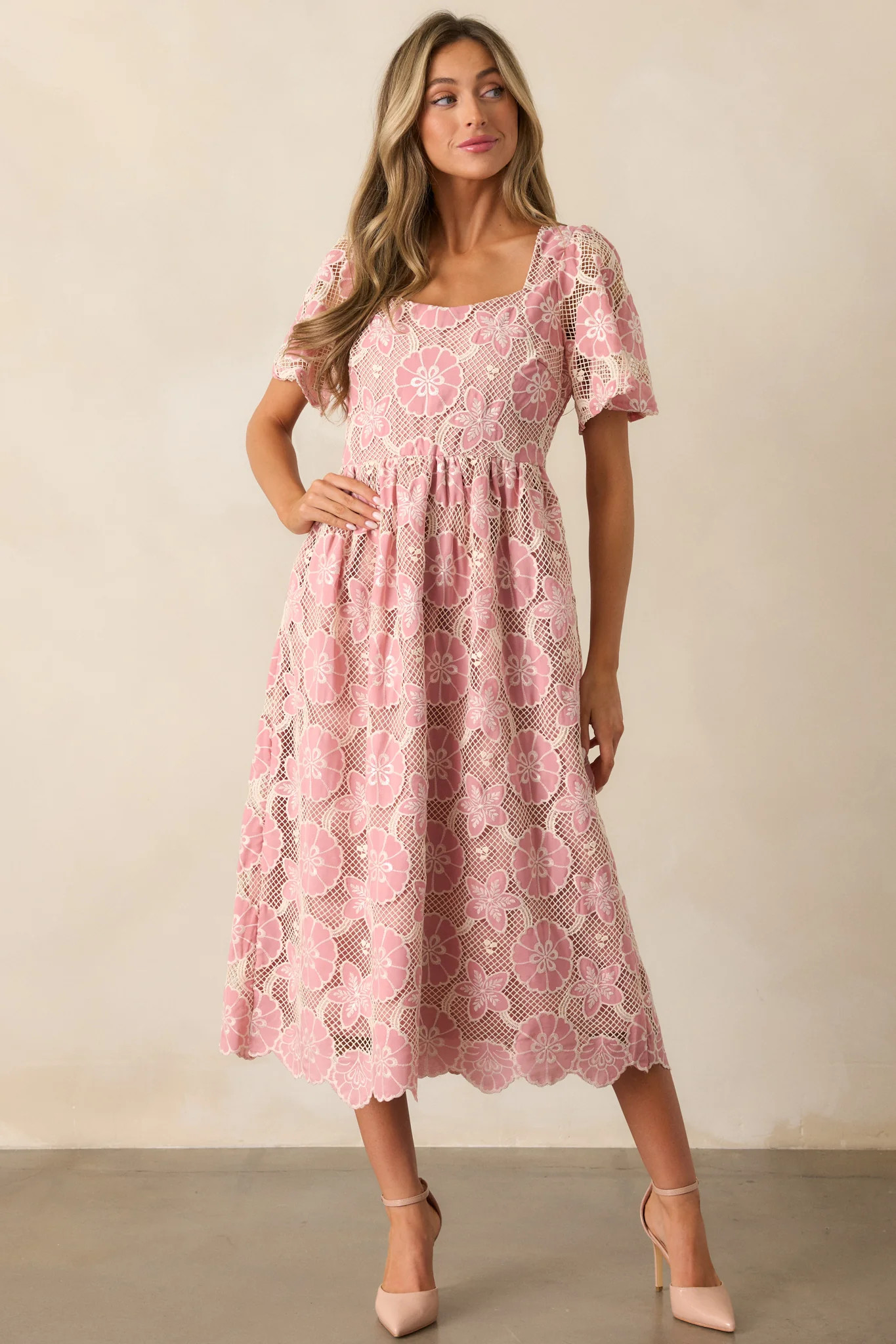 The Sweetest Rose Pink Embroidered Floral Midi Dress | Red Dress