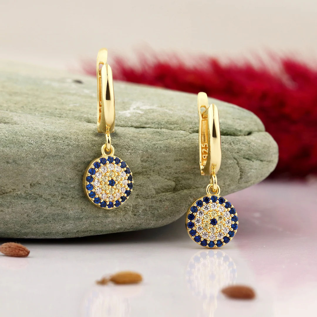 14K Solid Gold Evil Eye Earrings, 925 Sterling Silver Evil Eye Earrings, Protection Earrings, Val... | Etsy (US)
