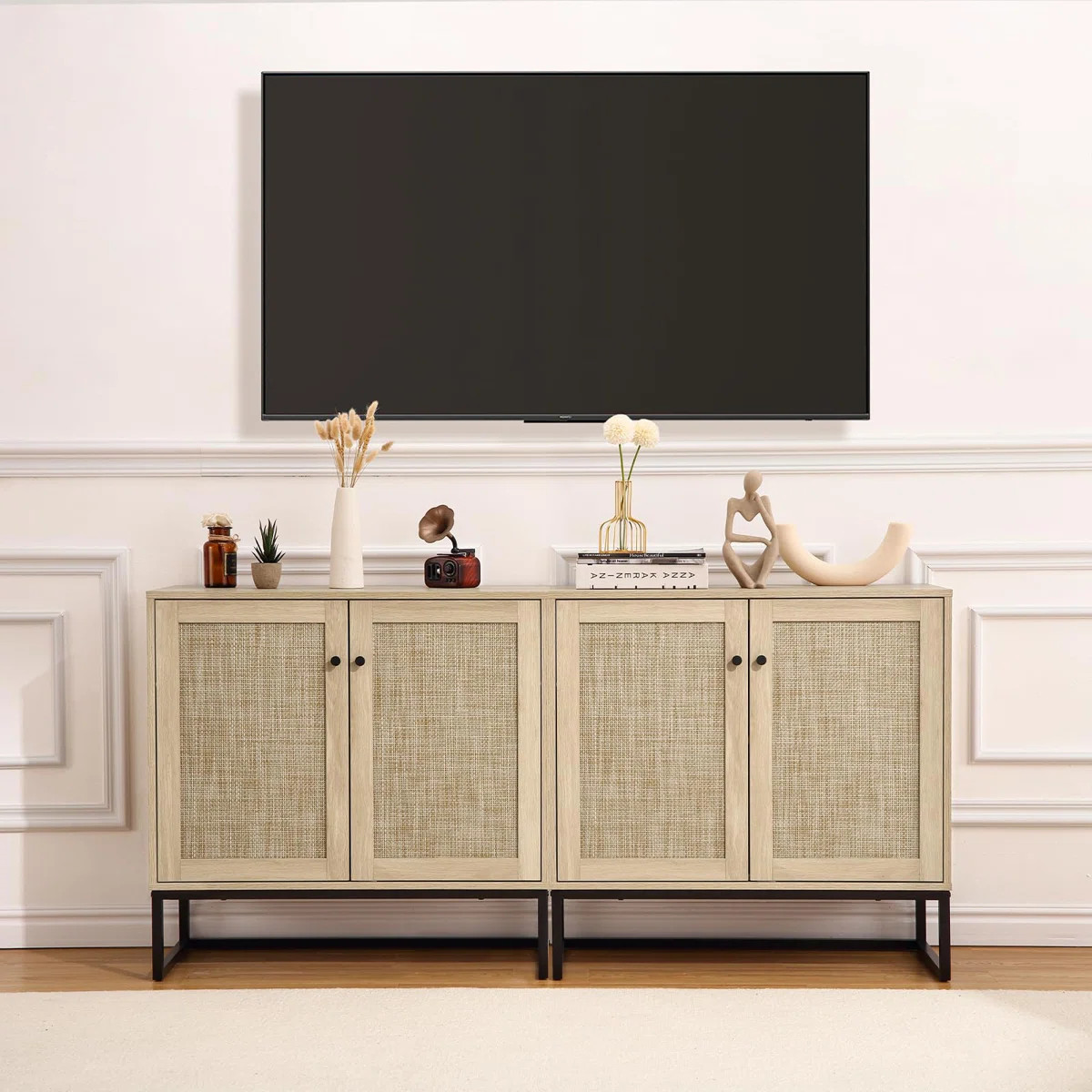 Set Of 2 Storage Cabinet With Rattan Doors | Wayfair North America