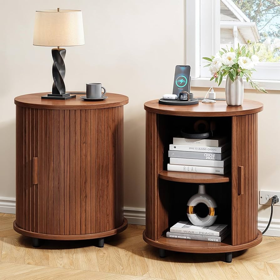 ONBRILL Round End Table Set of 2 with Charging Station, Mid Century Bedside Table with Sliding Do... | Amazon (US)