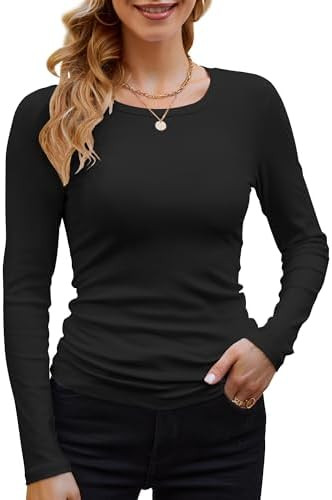 GEMBERA Womens Ribbed Long Sleeve Crewneck Casual Slim Basic Shirts Fitted Knit Tops | Amazon (US)