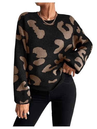 WDIRARA Women's Leopard Sweater Crew Neck Long Sleeve Vintage Knit Pullover Tops Black Medium | Amazon (US)