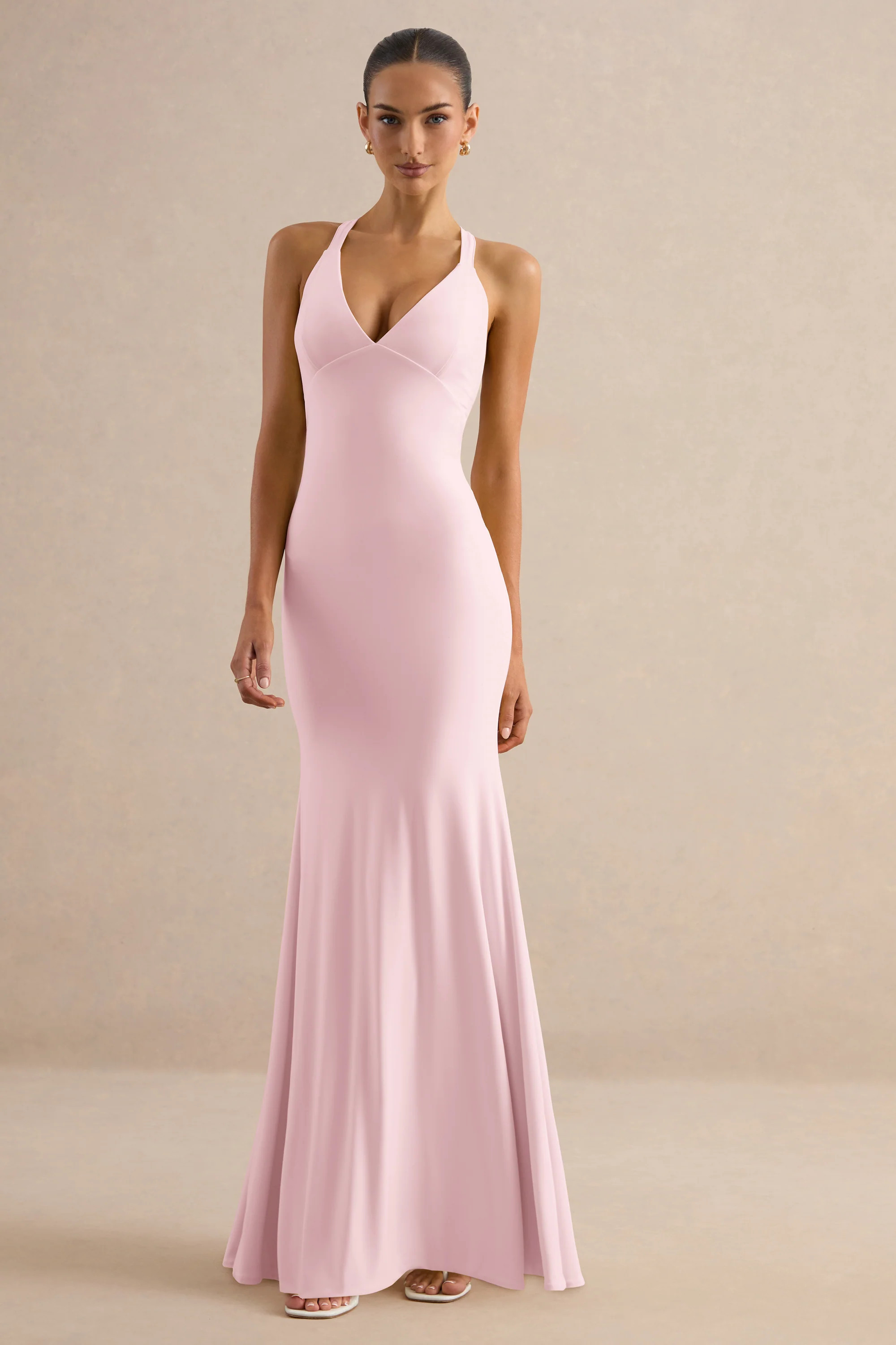 Goldiea | Light Pink Halter-Neck Fishtail Maxi Dress | Club L London