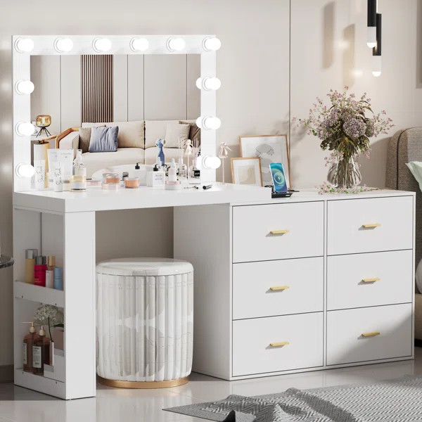 Makeup Vanity Desk with Mirror and 3-Color Lights,6 Drawers Vanity Table with Charging Station | Wayfair North America