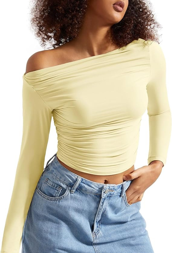 SUUKSESS Women Off Shoulder Long Sleeve Shirts Double Lined Fitted Crop Tops | Amazon (US)