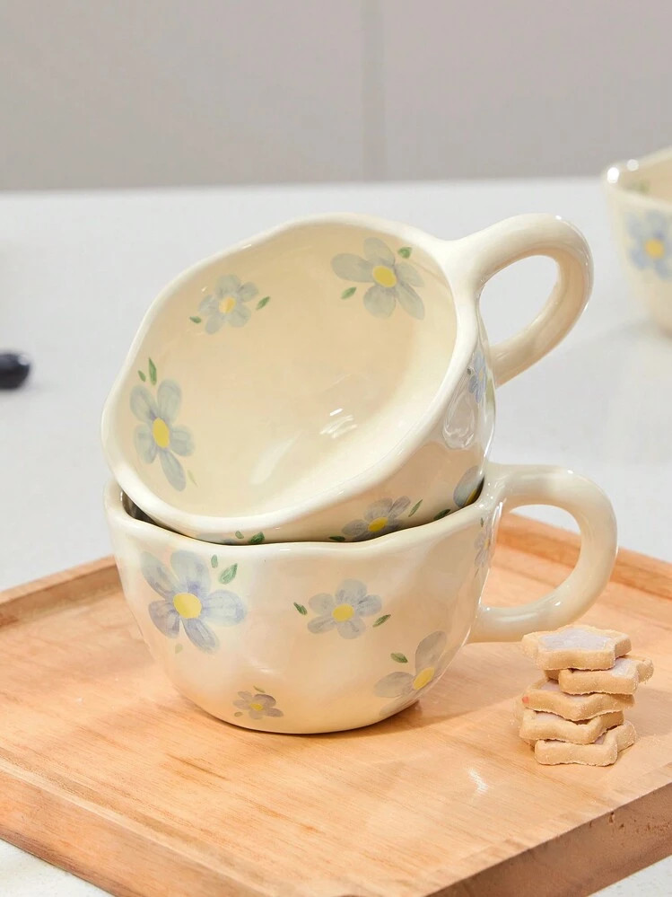 1 Pieza Taza De Cerámica Asimétrica Con Mango Cremosa, Taza Para Desayuno, Taza De Café Como Regalo Navideño | SHEIN