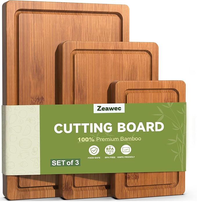 3-Piece Set Bamboo Cutting Board for Kitchen - Crack-Resistant Wood Chopping Boards with Deep Jui... | Amazon (US)