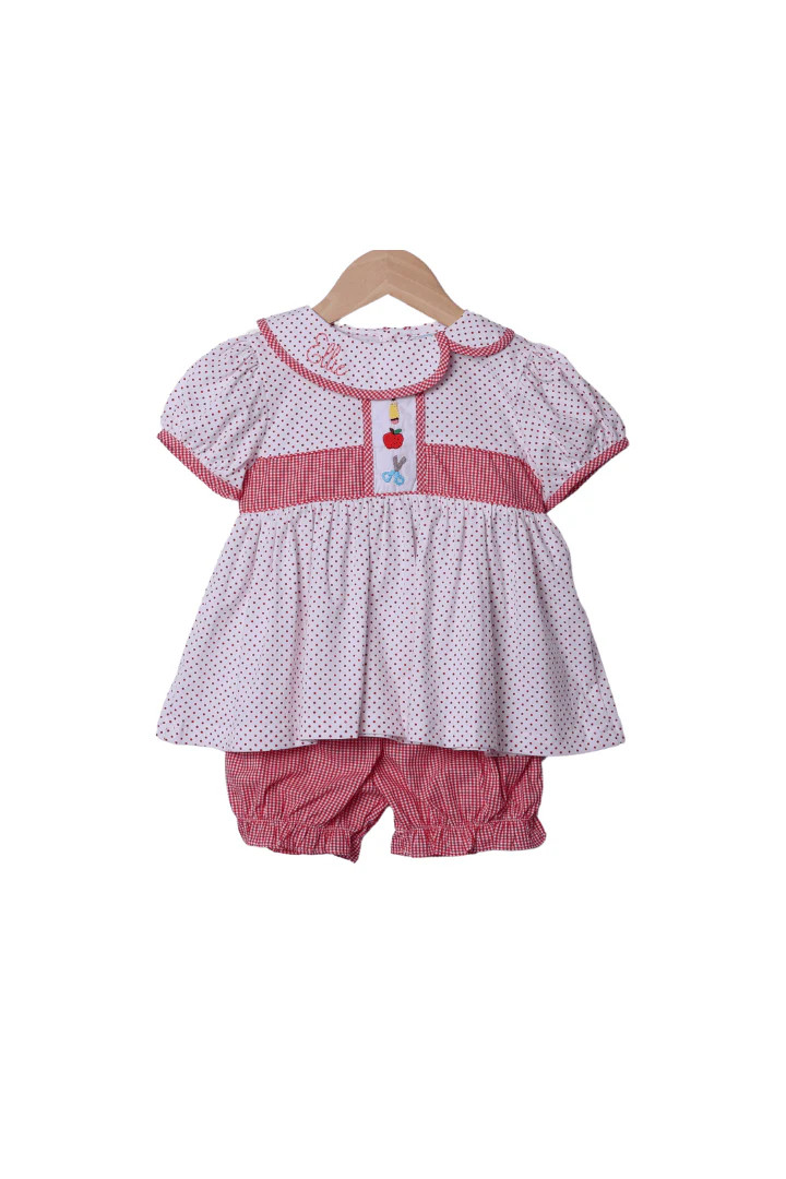 Embroidered School Supplies Red Bitty Dot Bloomer Set | The Smocked Flamingo