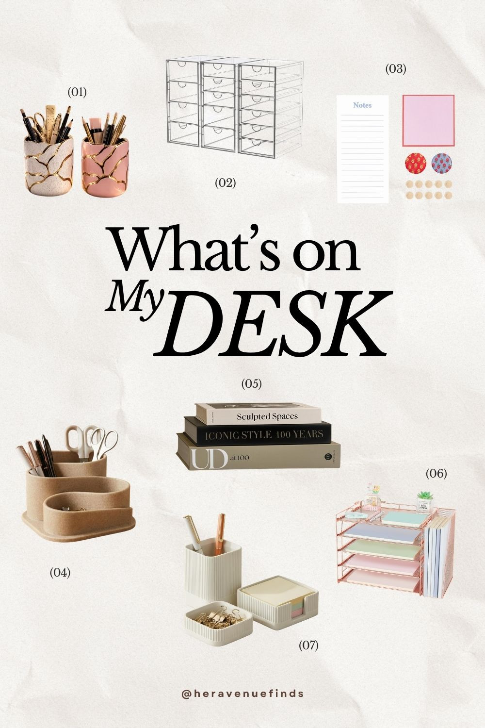 If your desk has been working fine but never actually felt good to sit at, this one is for you. Everything here is under $50 and picked for a setup that looks calm and put together without being precious about it.
Two of the finds here have real weight to them, which matters more than you'd think. One is a set of two small cylindrical holders in ivory and soft pink ceramic, they sit together naturally on a corner of your desk and hold whatever you reach for most. The other is a three-piece concrete set with a pen holder, a small lidded cup for paperclips, and a sticky note holder. Concrete reads quieter and more grounded than plastic ever will, and the pieces stay where you put them. There's also a rose gold mesh file organizer with five stacked tiers and a removable file section that lets you actually sort papers into categories instead of moving the pile from one side to the other. For a softer, more layered look there's a warm beige pen holder with a boho shape that works whether your space leans minimal or has a little more texture going on. The floral kit with notepads, magnets, and gold push pins comes in its own pretty printed box and is one of those things that makes the small tasks feel a little nicer.

The set of three faux hardcover books is the one I keep coming back to. Graduated sizes, neutral covers, and each one opens with a magnetic closure to hide small things inside. They look intentional on a desk in a way that is genuinely hard to achieve for the price. 

 
