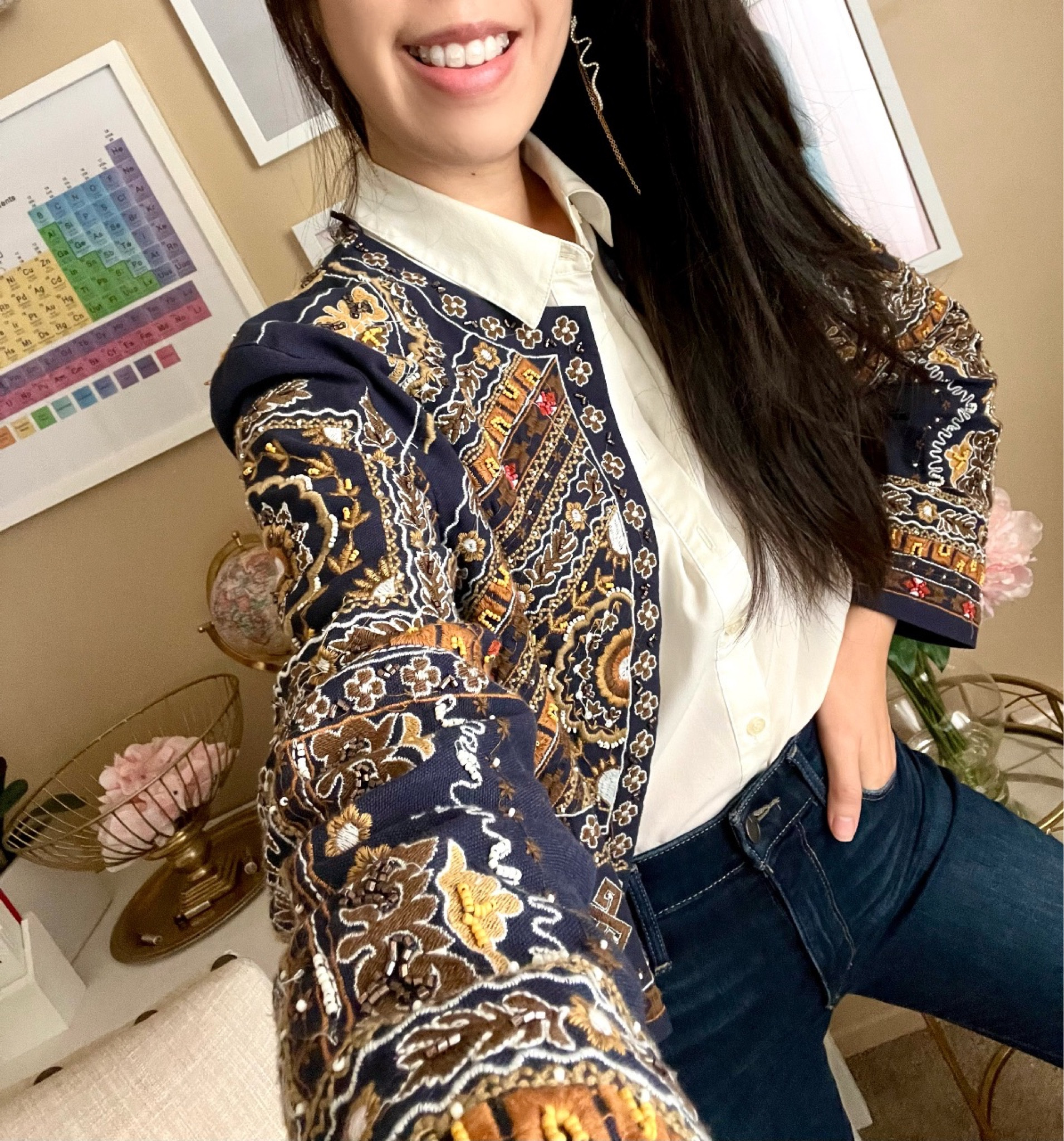 Finally took this beaded jacket out for a spin! It immediately elevates even the most casual looks! Since this jacket has intricate beading and embroidery detailing, I kept the rest of my outfit simple with a plain ivory collar top and high waisted jeans. These J Brand jeans are one of my favorites since it elongates my legs. I was so disheartened that they discontinued their brand. Their website states that they are carried at Theory but the online selection is incredibly limited. I hope they come back!  

#LTKstyletip #LTKsalealert #LTKunder50