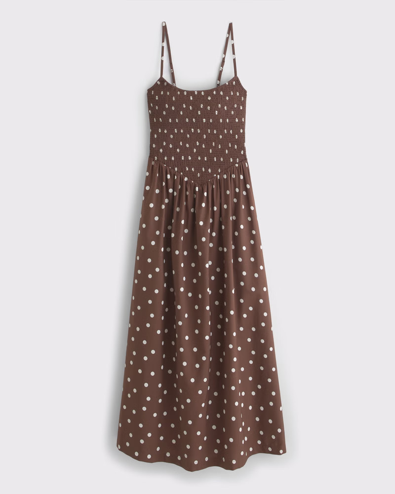 Abercrombie & Fitch Women's Dipped-Waist Smocked Midi Dress in Brown Dot - Size XXL TALL | Abercrombie & Fitch (US)