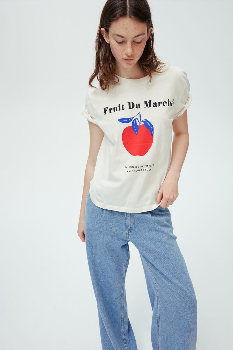 Cotton T-shirt - Round neck - Short sleeve - White/Fruit Du Marché - Ladies | H&M GB | H&M (UK, MY, IN, SG, PH, TW, HK)