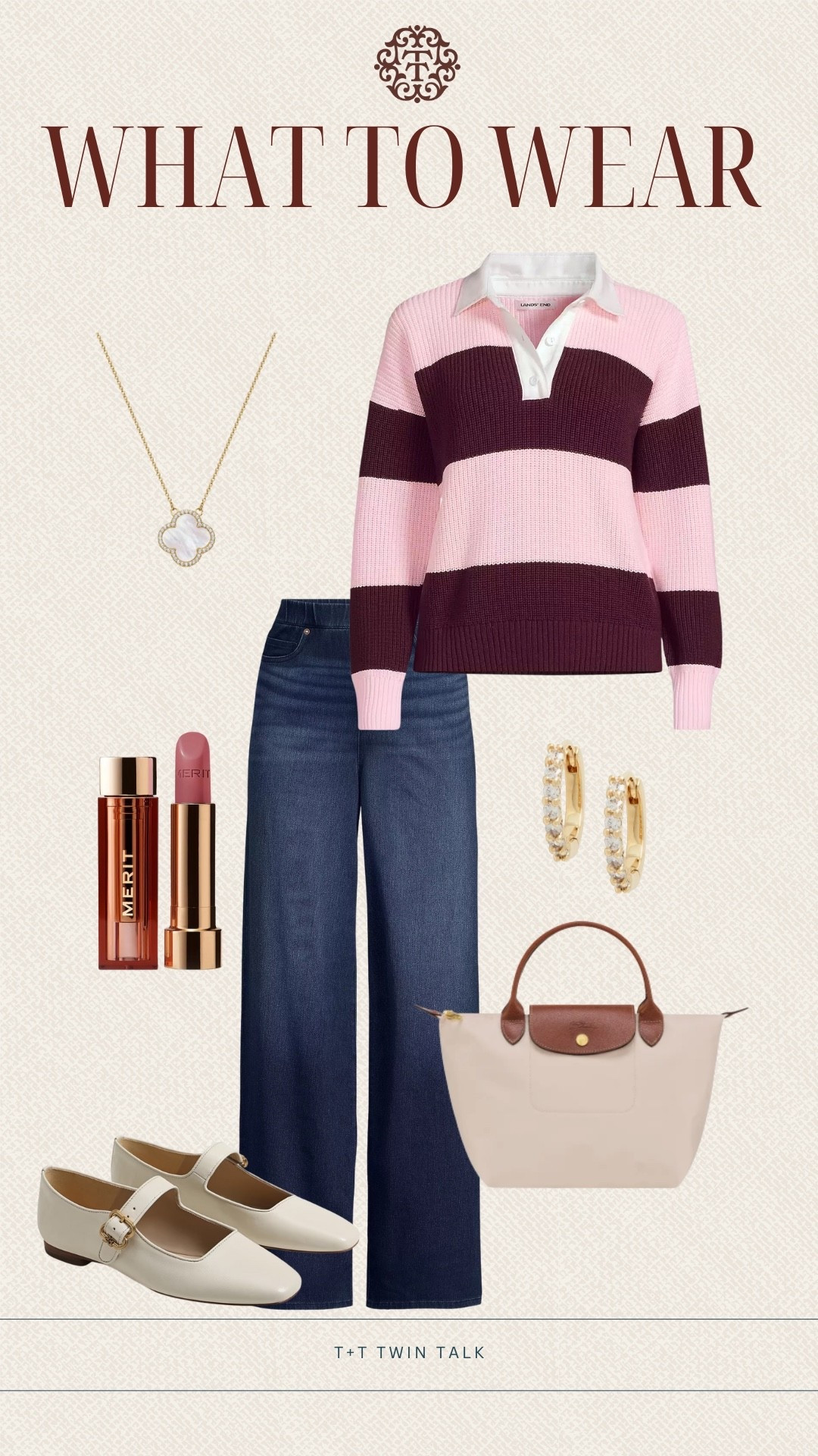 T+T, what to wear! We have been loving this rugby shirt from lands end! It pairs perfectly with dark wash denim and Mary Jane flats! Complete the look with gold jewelry and long champ purse! 

#LTKSeasonal #LTKMidsize #LTKOver40