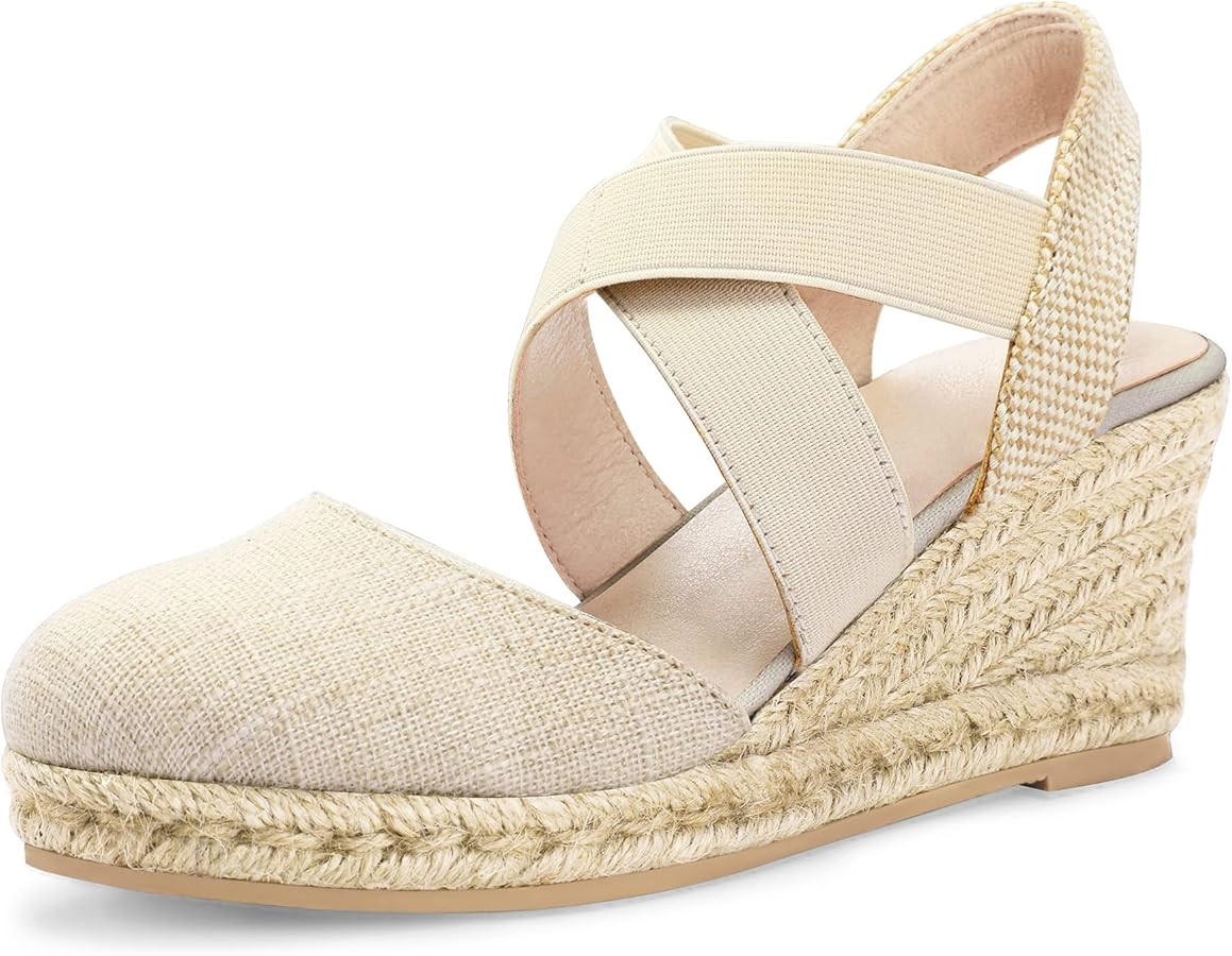mysoft Women's Closed Toe Crisscross Elastic Ankle Strap Platform Espadrille Wedge Sandals | Amazon (US)