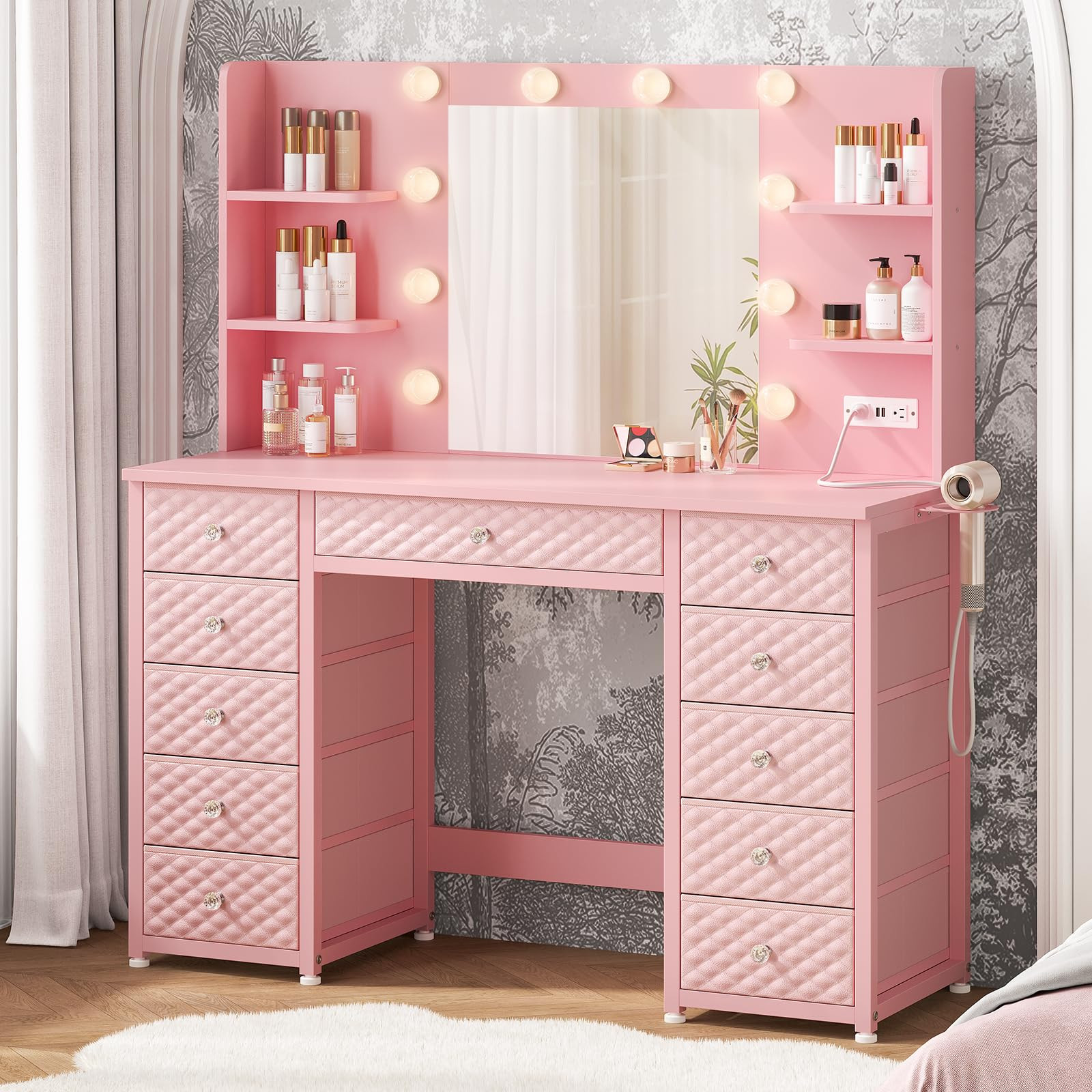 Amazon.com: HAUOMS Pink Vanity with Lights and Mirror, 11 Drawer Makeup Vanity with Power Strip, ... | Amazon (US)