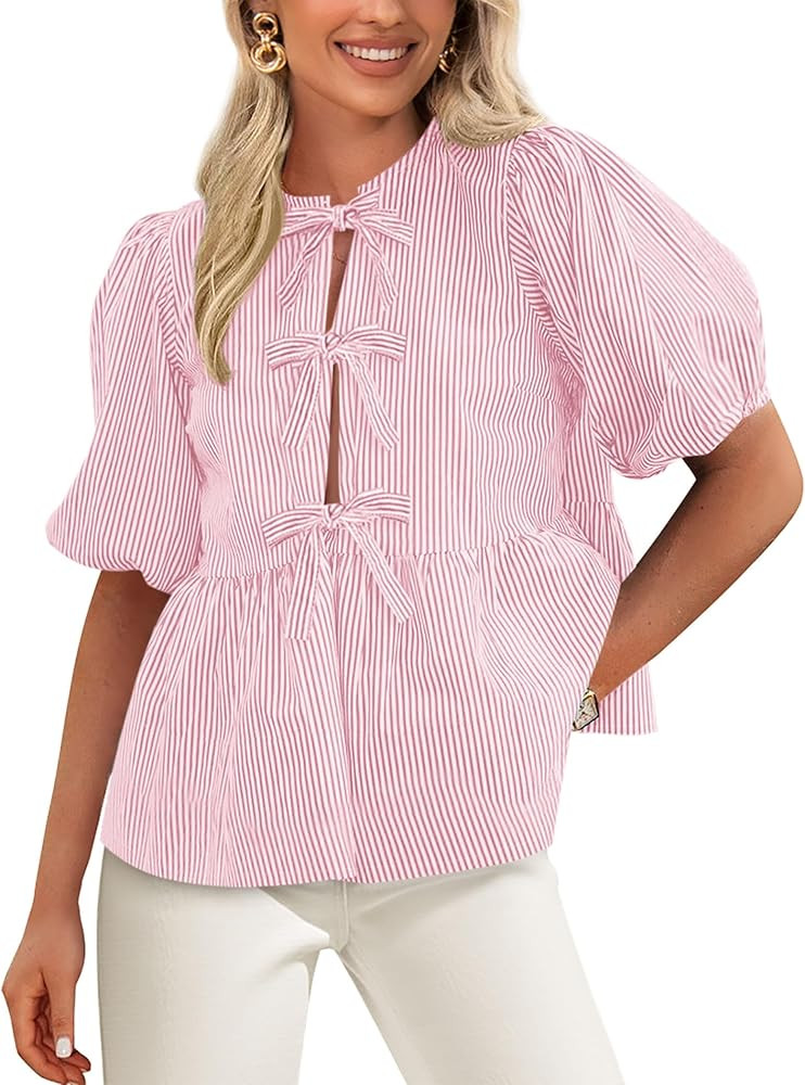 PRETTYGARDEN Women's Tie Front Striped Shirt 2025 Summer Trendy Fashion Cute Babydoll Tops Peplum... | Amazon (US)