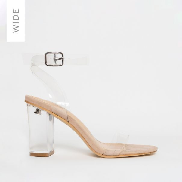 Kimana Wide Fit Nude Suede Clear Mid Block Heels | Simmi Shoes