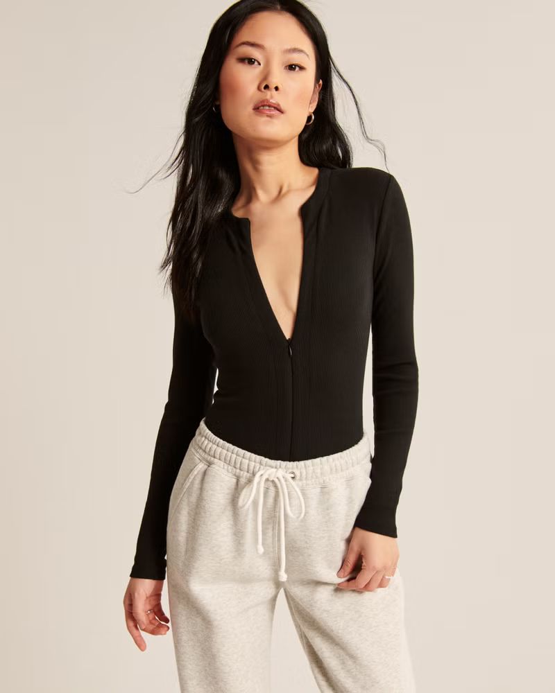 Long-Sleeve Ribbed Zip-Up Bodysuit | Abercrombie & Fitch (US)