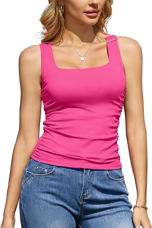 V FOR CITY Women's Tank Top with Built in Bras Adjustable Wide Strap Padded Camisole Summer Cami ... | Amazon (US)