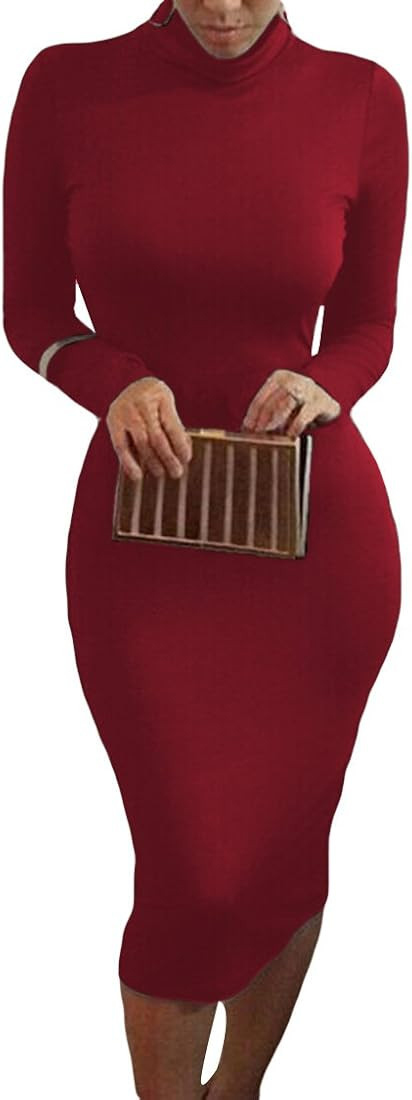 Pink Queen Womens Sexy Knit Dress High Neck Long Sleeve Bodycon Cutout Midi Dresses | Amazon (US)