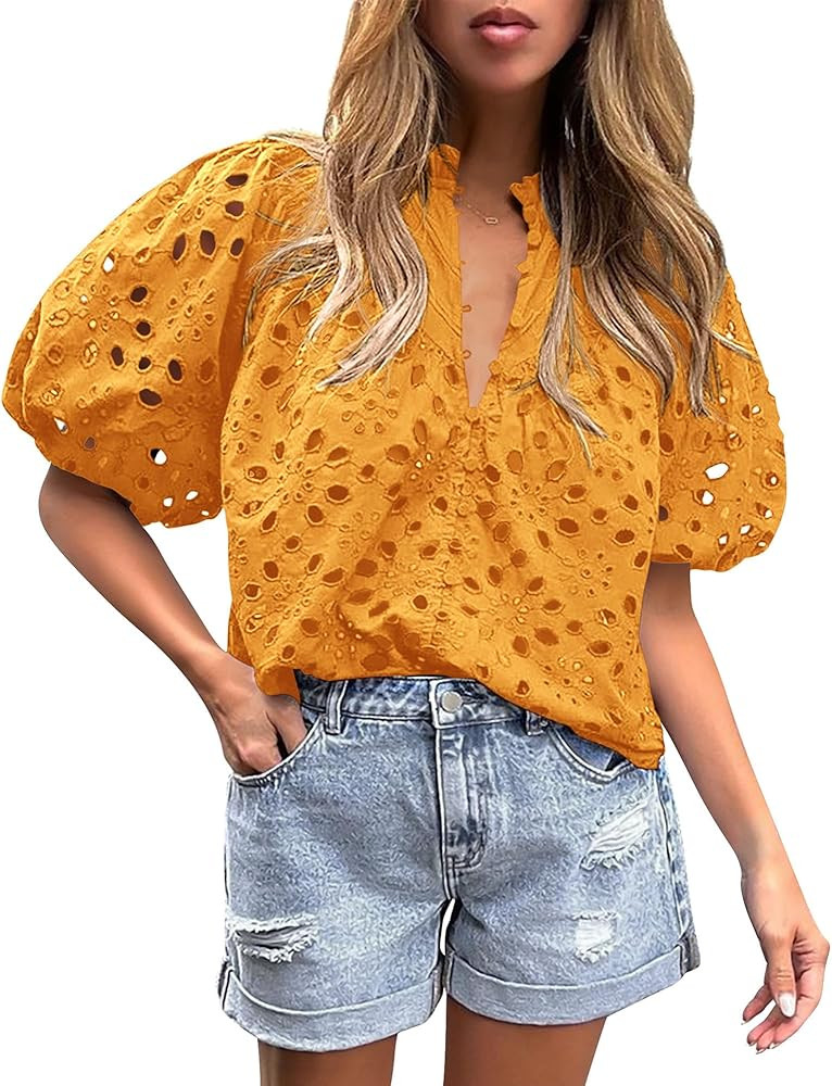 PRETTYGARDEN Women's Summer Tops 2026 Dressy Casual Short Sleeve V Neck Buttons Hollow Eyelet Lac... | Amazon (US)