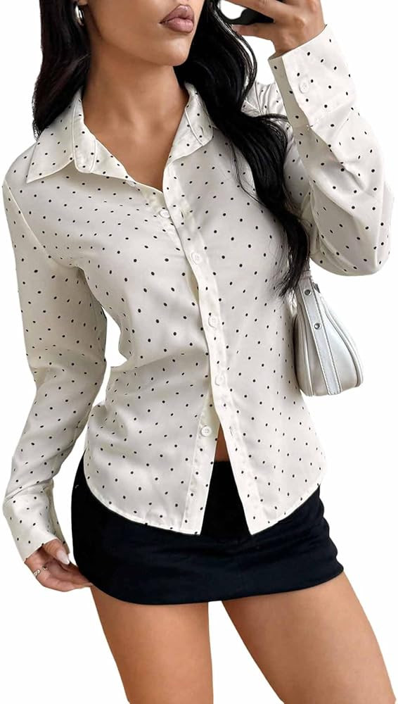 SweatyRocks Women's Polka Dots Button Down Shirt Long Sleeve Slim Fit Collared Shirt Tops | Amazon (US)