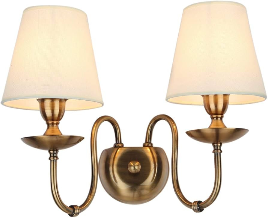 Aiwen 2-Light Bedroom Wall Lamps Polished Solid Brass Finish Wall Lights with White Flax Fabric S... | Amazon (US)