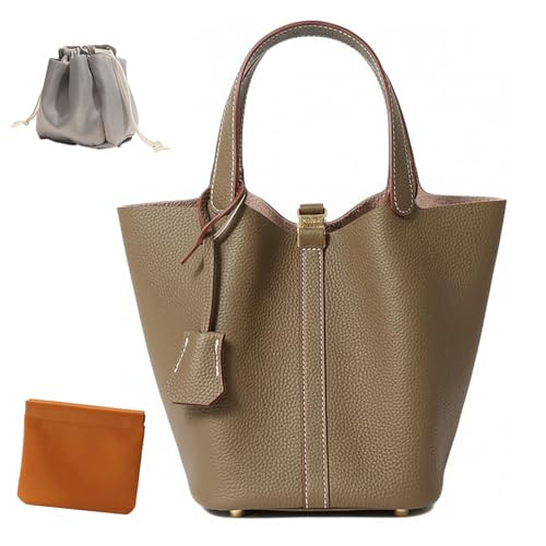 Genuine Leather Lock Design Bucket Bag Vegetable Basket, Fashionable and Versatile Shoulder Handbag (Khaki) | Amazon (US)