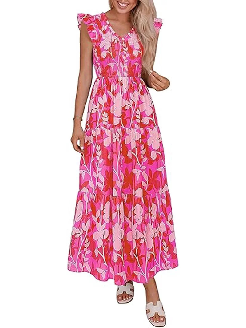 PRETTYGARDEN Women's Boho Floral Maxi Dress Summer Smocked V Neck Ruffle Sleeve Spring Flowy Beac... | Walmart (US)