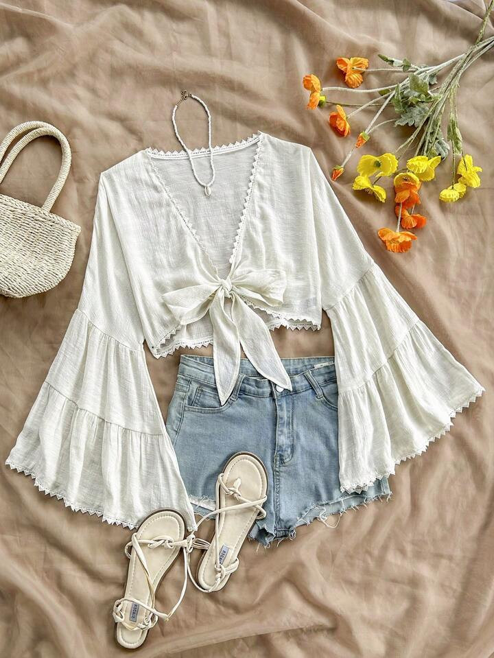 Soleia WYWH Vacation Women's Leisure Music Festival Front Chest Strap Flare Sleeves Lotus Leaf Sl... | SHEIN