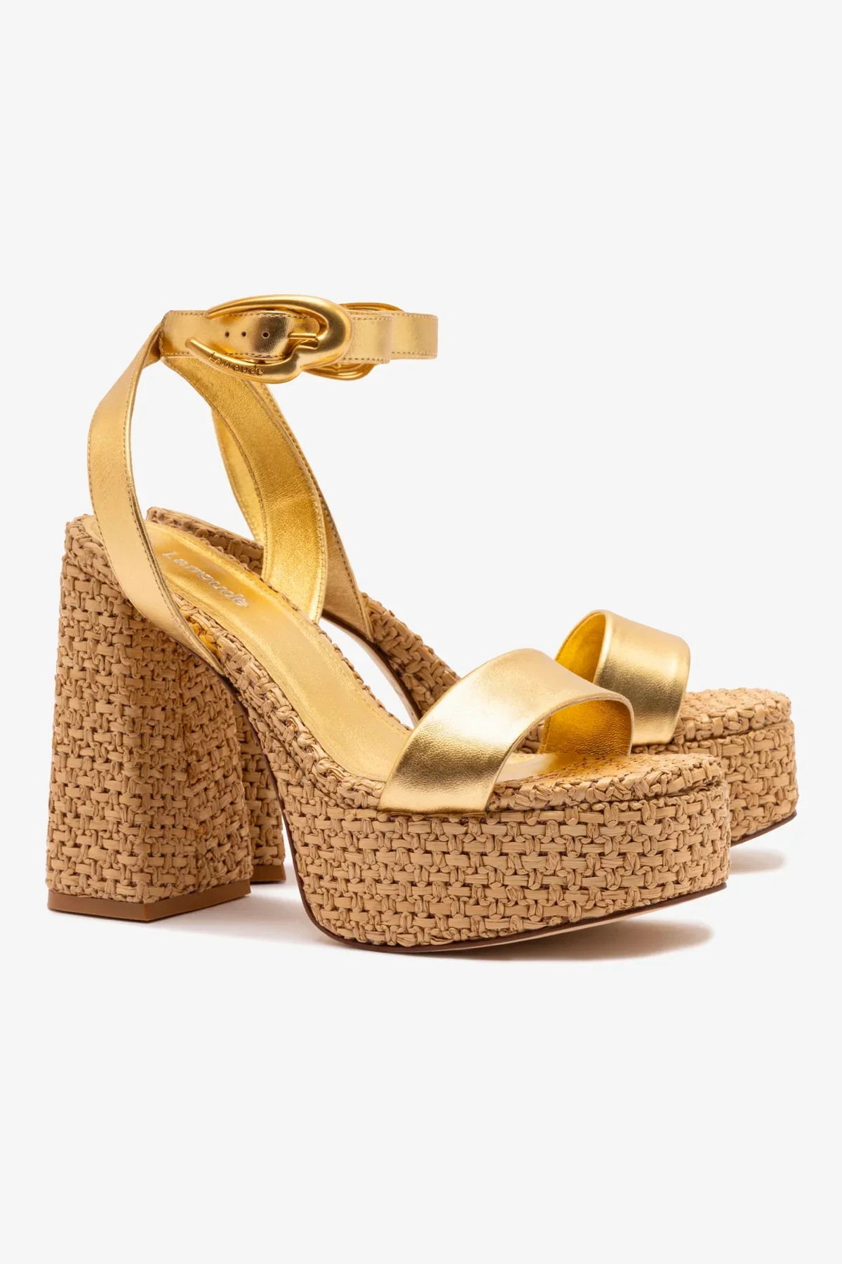 Dolly Verona Sandal In Gold Metallic Leather and Natural Raffia | Larroude