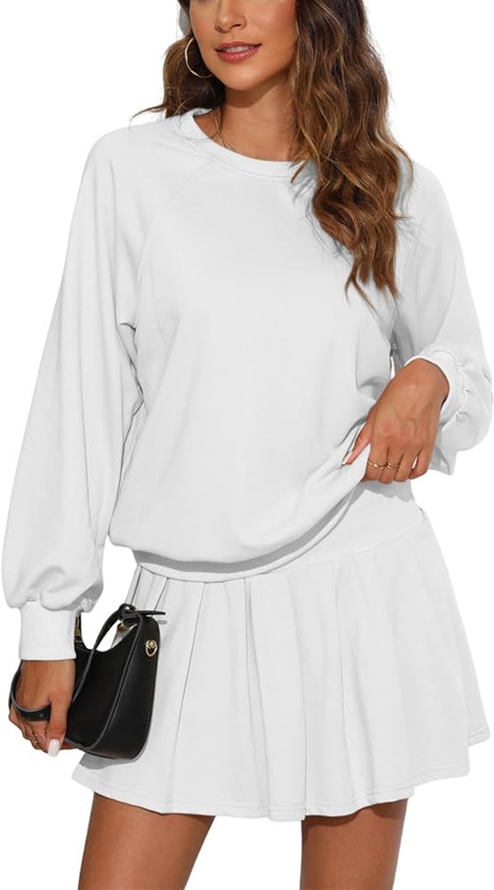 Womens 2 Piece Outfits Summer Sweatshirt Long Sleeve Pullover Pleated Skirt Sets Loungewear | Amazon (US)