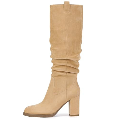 Pasuot Suede Knee High Boots for Women - Tan Tall Chunky High Heel Dress Boot with Side Zipper, Round Toe Ruched Slouch Block Long Boots for Ladies, Stylish Fall Boot for Work, Party Size 9.5 | Amazon (US)
