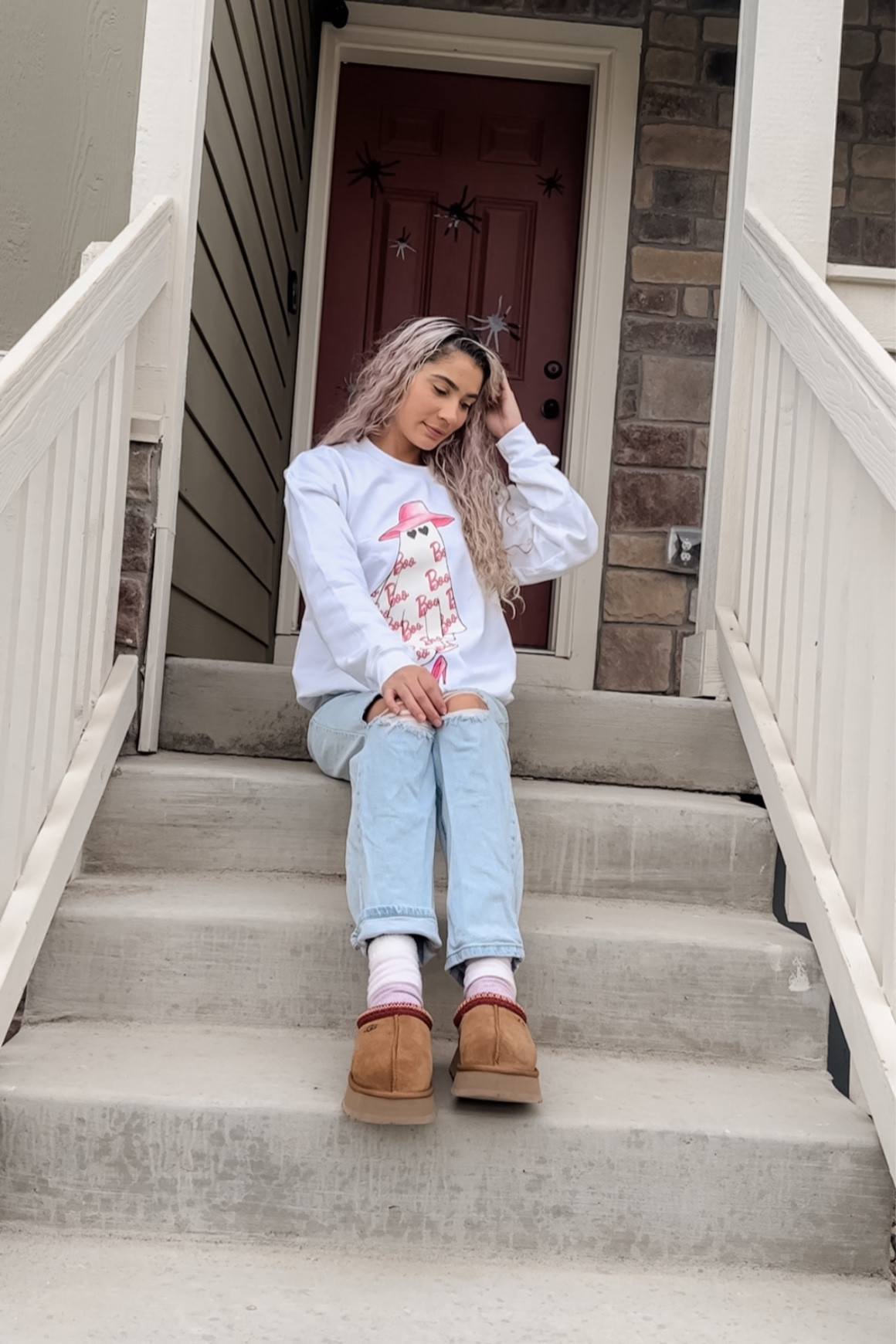 Fall Outfits. Target distressed jeans. Spooky ghost Barbie sweater. Tazz ugg slippers. 

#LTKHalloween #LTKstyletip