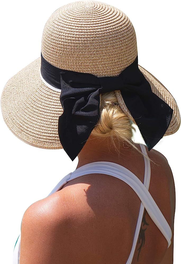 Womens Floppy Summer Sun Beach Straw Hat UPF50 Foldable Wide Brim 55-60cm | Amazon (US)
