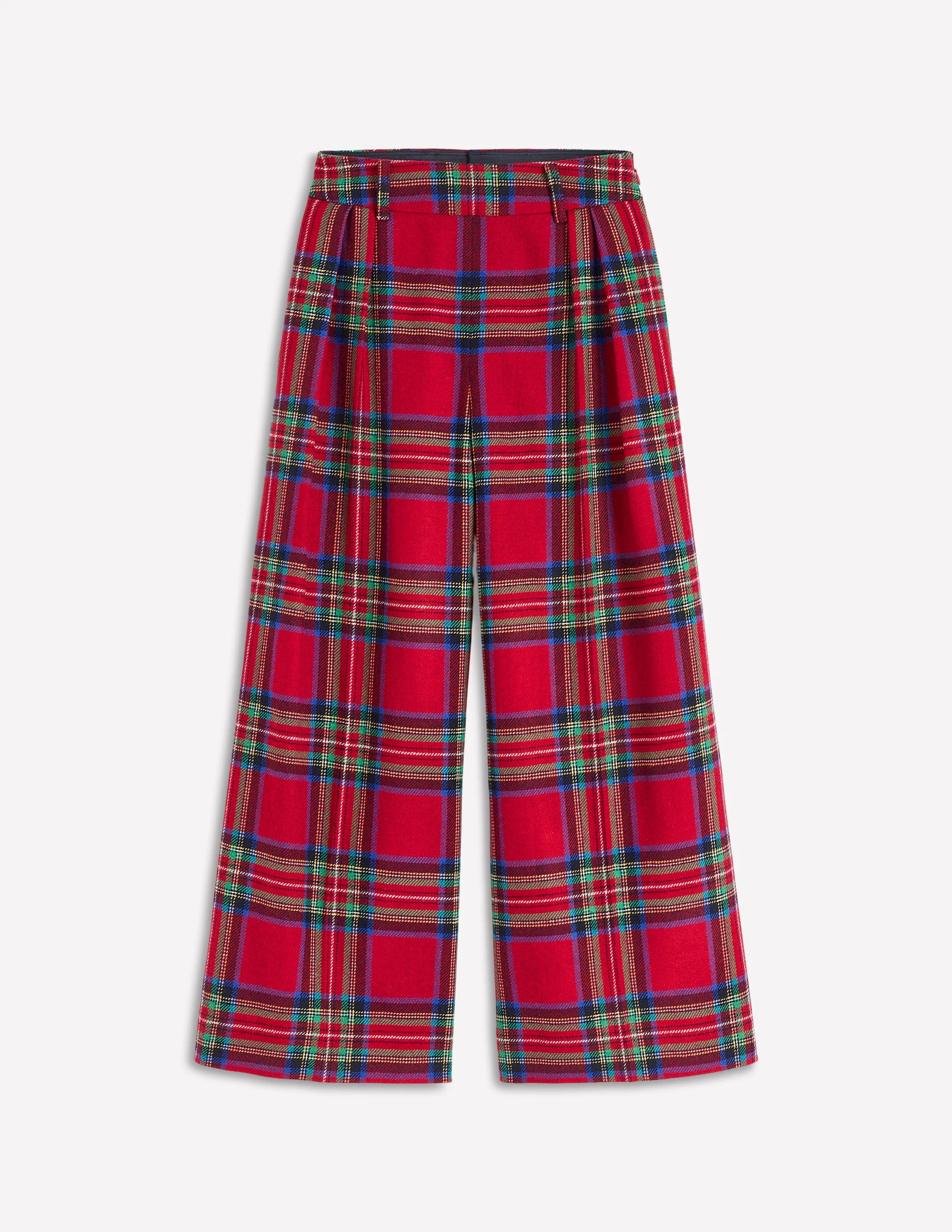 Pleated Wool Culottes-Red, Blue and Green Check | Boden UK